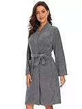 vislivin Leichter Bademantel Damen Frottee Bademantel Sauna Morgenmantel Knielanger Saunamantel Bathrobe Damen Grau L