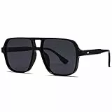 LOJUDI Retro Sonnenbrille Damen Herren - 70er Jahre Pilotenbrille Eckig Vintage Brille Groß Gläser Sunglasses Men Woman für UV400 Schutz-Schwarz/Gradient Grau