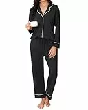 Reliwel Schlafanzug Damen Baumwolle mit Knopfleiste Pyjama Set Lang V-Ausschnitt Pyjamas Zweiteiliger Lang Loungewear Hausanzug PJs Bequemer Oberteil und Pyjamahose Schwarz, M