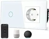 TAWOIA Normaler Steckdose mit Smart Wlan Lichtschalter (Neutralleiter erforderlich) mit Glasscheibe, Sprachsteuerung für Alexa, kompatibel mit Smart Life und Tuya App 1Fach Weg Weiß