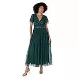 Anaya with Love Damen Women's Ladies Midaxi Dress V-Neck Short Flutter Sleeve Ribbon A-line Tulle for Bridesmaid Wedding Guest Prom Ball Gown Kleid, Emerald Green, 52 EU