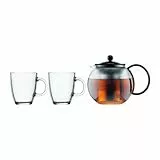 Bodum K1805-01 Assam Set, Teebereiter mit Edelstahlfilter 1 L und 2 Stück Tasse, Glas, 0,35 L, schwarz
