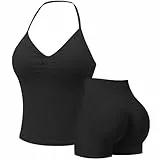 Nahtlose Gym Sets für Frauen, 2 Stück Hanteltop, Sport-BH, versteckte Scrunchshorts, Yoga-Outfits, Activewear Trainingsanzug, blacks, S