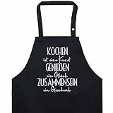 EXPRESS-STICKEREI Designer Kochschürze bestickt mit Spruch Kochen Genießen Zusammensein Küchenschürze Größen verstellbar mit Fronttasche für Frauen Männer onesize Grillschürze Sporttasche