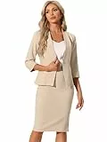 Allegra K Damen Business Rock Anzug Set 2-Teiliges Büro Arbeits Outfit Kragenloser Blazer Bleistiftrock Khaki M