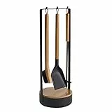 Morsø Adrian Kaminbesteck - das Original, hochwertige Designer-Kamingarnitur, 4-teiliges Kamin Set mit Schaufel, Besen und Feuerhaken & Ständer, schwarz/Holz natur