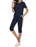 Aottori Jogginganzug Damen Set Rundhals Kurze Ärmel Trainingsanzug Zweiteiler Elegant Hausanzug Freizeitanzug Sportanzug 2 Teiler Sommer Outfits Marine L