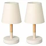 tomons Nachttischlampe LED 2er Set Holz, LED Tischleuchte mit Stoffschirm für Schlafzimmer, Wohnzimmer, Arbeitszimmer, Beistelltisch - Beige