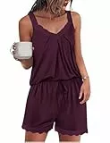 Uniexcosm Kurzer Schlafanzug Damen Pyjama Set Kurz Baumwolle Zweiteiliger Nachtwäsche Ärmelloses Spitze V-Ausschnitt Shirt und Schlafshort Sexy Sleepshirt für Frauen A:Dunkelfuchsia S