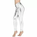 Leggings Silber Metallic Damen Highwaist Glitzer Space Kostüm Glänzende Hose 80Er Mit Hoher Taille Shiny Party Tanz Disco Karneval Metallischer Hosen Leggins