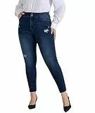 Hanna Nikole Damen Große Größen Jeans Plussize Hohe Taille Slim Soft Vintage Waschungseffekt Navy blau 54