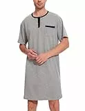 Uniexcosm Nachthemd Herren Kurzarm Schlafshirt Rundhals Einteiliger Schlafanzugoberteile Pyjama Tops Bequem Nachtwäsche Sleepshirt mit Knopfleiste und Brusttasche Grau XL