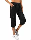 TOMEEK Caprihose Damen Jogginghose 3/4 Sporthose Hose Sommer Freizeithose Sweathose Shorts Einfarbig Baggy Kordelzug Taille Yogahose Trainingshose mit Seitentaschen(Schwarz,XXL)