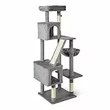Amazon Basics Kratzbaum für Hauskatzen, Mehrstöckiges Katzenhaus mit Kratzbaum, Gemütliche Hängematte und Sitzstangen für ausgewachsene Katzen, Interaktiver Baumelball, L – Höhe 152,7cm (60,1in),Grau