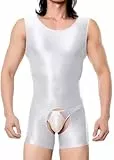 Adigau Herren Öl Glänzend Offener Schritt Body Weiß Ärmelloser Einteiler Overall Jumpsuit Sexy Unterwäsche Glatte Stretch Tank Top Sportbody Leicht für Fitness XL