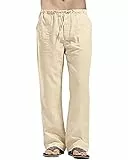 YAOHUOLE Leinen Freizeithose Herren Loose Fit Herren-Hosen mit elastischer Taille und Taschen Khaki L