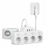 Steckdosenleiste mit USB C 4Fach Steckdosenleiste einzeln Schaltbar,Steckdosenleiste Flachstecker, Mehrfachsteckdose mit Schalter, Mehrfachstecker Wandmontage für Küche Wohnzimmer,2M Kabel,Weiß