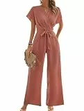 Canli4Y Damen Jumpsuit Wickeltop V-Ausschnitt Overall Kurzarm Weites Bein Playsuit mit Bindegurt, Elegant Hosenanzug für Büro Festlich Party Rosa L