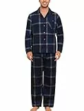 ENJOYNIGHT Schlafanzug Herren Lang Flanell Pyjama Set Baumwolle Winter Zweiteilige Nachtwäsche Kariert Loungewear (X-Large,Schwarz+Marineblau)
