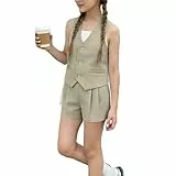 XINYUNZU Bekleidungssets für Mädchen Anzug Set Sommer Outfit Blazer V-Ausschnitt Ärmellos und Shorts 2-Teiliges Set Freizeitanzug Mode Kinderkleidung Mädchenbekleidung Kinder Khaki 9-10 Jahre
