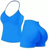 Jetjoy Damen 2 Teiler Outfits Nahtlos Rückenfrei Strappy Sport Tank Top Versteckte Scrunch Shorts Fitness Yoga Set