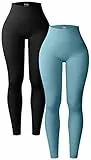 OQQ 2-teilige Yoga-Leggings für Damen, gerippt, nahtlos, Workout, hohe Taille, athletische Hose, schwarz blau, M