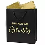 COMOOKA 25x21x10cm Geschenktüte Geburtstag XL + 2 Seidenpapier Geschenktasche Schwarz Groß mit Henkel Happy Birthday Tüte Geschenkverpackung für Männer Junge Frauen aus Papier