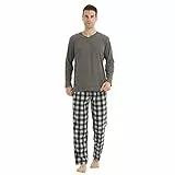 LANBAOSI Herren Schlafanzug lang Zweiteiliger Pyjama Herren lang Warm Winter Langarm Shirt & Schlafanzughose Fleece Karierte Pyjamahose