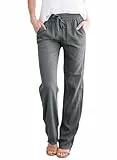 Tincini Leinenhose Damen Hose Sommer Musselin Leinen Hosen Stoffhose Einfarbig Freizeithose Gerade Geschnitten Strandhose Sommerhose mit Taschen (Dunkelgrau1, L)