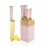 Justup Messerset, Rosa 6-tlg Edelstahl Messer Set mit Block und Integriertem Messerschärfer, Ultra Scharf Messer Block Set mit Bequemen Griff, Professionelles Küchenmesser Set für Kochmesser (Rosa)