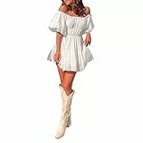 Achlibe Damen-Minikleid mit Puffärmeln, schulterfrei, einfarbig, A-Linie, Sommer, elastische Taille, Babydoll-Kleid, A-a-a-white, S