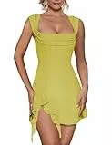HESUUIO Sexy Damen-Minikleid mit quadratischem Ausschnitt, elegant, ärmellos, figurbetont, Seitenschlitz, Rüschen, Club, Party, kurzes Kleid, Gelb, Grün, Groß