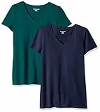 Amazon Essentials Damen T-Shirt Regular Fit mit kurzen Ärmeln und V-Ausschnitt, 2er-Pack, Dunkelgrün/Marineblau, XXL