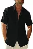 Glacspyg Leinenhemd Herren Kurzarmhemd Arbeit Freizeithemd Fitted Business Casual Urlaub Sommer Strand mit Tasche Schwarz M