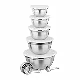Relaxdays Küchen Set 18-tlg., 5 x Rührschüssel mit Deckel, Messlöffel & Measuring Cups, Küchenzubehör Set, silber/weiß, 13 x 26 x 26 cm