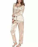 SWOMOG Schlafanzüge für Damen Satin Seide Langarm Nachtwäsche mit Knopfleiste Silk Pyjamas Set Zweiteiliger PJs Seiden Lang Hemdpyjama Champagner
