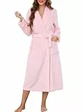 Lovasy Winter Bademantel Damen Flauschig Fleece Morgenmantel Damen Lang Flanell Bademäntel für Damen mit Taschen und Gürtel,Hellrosa,XXL