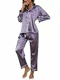 Reliwel Satin Schlafanzug Damen Langarm Pyjama Set mit Knopfleiste V-Ausschnitt Zweiteiliger Nachtwäsche Weiche Seiden Pyjamas Klassische Loungewear Hausanzug Pjs Lila, S