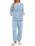 UMIPUBO Schlafanzug Damen Lang Pyjama Set Winter Thermo Fleece Kuschelig Hausanzug Weich Flauschig Locker Nachtwäsche Zweiteiliger Oberteile Langarm mit Warm Hosen Loungewear PJS für Frauen (Blau, L)