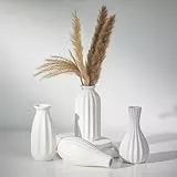 NUPTIO Klein Weiß Keramik Vase: Boho Blumen Vasen für Wohnzimmer Regal Couchtisch Deko - Modern Geripptes Blumenvase für Hochzeit Esstisch Tischdeko 4er Set