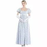 CR ROLECOS Regency Kleid Damen Jane Austen Kleid Empire Kleider mit Handschuhen Viktorianische Ballkleid Damen Lang Cocktailkleid Gala Blau M