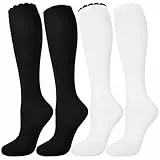 Beaulov 4er Pack Damen Kniestrümpfe Rüschen Overknee Strümpfe Atmungsaktive Baumwolle Kniehohe Socken Bequem für Alltag Freizeit Schwarz/Weiß