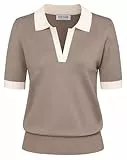 Kate Kasin Pullover Damen Kurzarm Sommer Elegant Polo Sweater Basic Oberteile Leicht V-Ausschnitt Strick Tops Khaki M