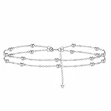 Hifeeled Fußkettchen Silber 925 Damen Doppelkette mit Kugelperlen Fusskettchen Sommer Barfuß Strand Fußketten Verstellbar |22cm+4|
