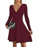 AUSELILY Strickkleid Damen Herbst Leichte Langarm V-Ausschnitt Winterkleid A Linie Elegant Herbstkleid Knielang Kleid Midi Pulloverkleid Tunikakleid Marineblau XL