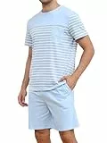 Reliwel Schlafanzug Herren Kurz Baumwolle Sommer Pyjama Set mit Kontraststreifen Design Zweiteiliger Rundhals Kurzarm T-Shirt und Shorty Schlafanzughose Nachtwäsche Männer Hellblau, XL