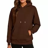 Generisch Damen Sweatshirt Stylish Einfarbig Lässig Kapuze Tasche Fleece Lange Ärmel Winter Kleidung Trendig Freizeit Pullover Braun L