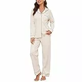 U2SKIIN Schlafanzug Damen lang 100% Baumwolle, Pyjama Damen weiche Pyjamas Set leichte Nachtwäsche Schlafanzüge für Frauen Zweiteiler Pyjama Set (Beige, L)