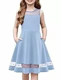 Arshiner Kleid Mädchen Kinder Sommerkleid Rundhals Meshkleid A-Linie Partykleid Blau Geburtstagskleid Einschulungskleider Prinzessinnenkleid mit Taschen 7-8 Jahre