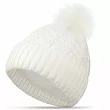 FORVEVO Mütze Damen Winter, Beanie Damen mit Fleece Gefüttert, Warme Wintermütze, Strickmützen mit Bommel für Outdoor Laufen Skifahren (Weiß)
